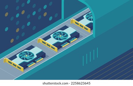 Video graphics cards production, conveyor, cryptocurrency, mining farm, vector isometric illustration