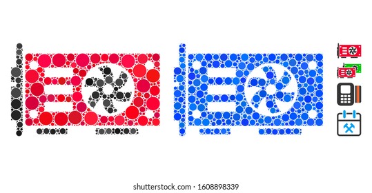 Video graphics GPU card composition of filled circles in various sizes and color hues, based on video graphics GPU card icon. Vector filled circles are grouped into blue illustration.