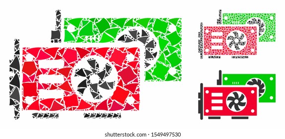 Video graphics GPU cards mosaic of irregular elements in different sizes and color tints, based on video graphics GPU cards icon. Vector bumpy elements are grouped into collage.
