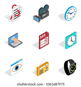 Video hardware icons set. Isometric set of 9 video hardware vector icons for web isolated on white background