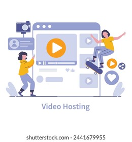 Video Hosting platform concept. A hub for diverse content including news feeds, personal blogs, and documentaries. Engage and learn through video. Vector illustration.