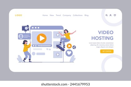 Video Hosting platform web or landing page. A hub for diverse content including news feeds, personal blogs, and documentaries. Engage and learn through video. Vector illustration.