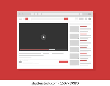 Video hosting service page flat vector illustration. Internet website, webpage UI, UX layout. Blank browser window cartoon concept with copyspace. Modern recreation, online entertainment technology.