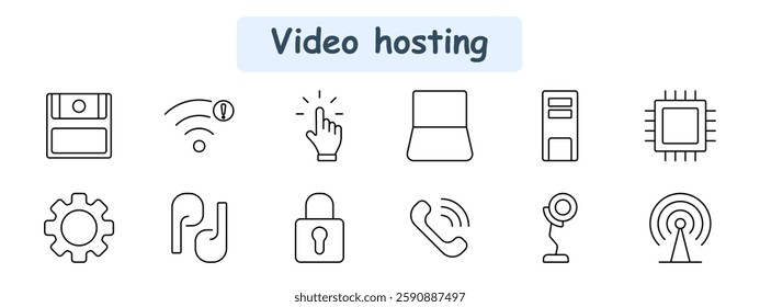 Video hosting set icon. Camera, Wi-Fi, cursor, laptop, server, processor, settings, touchscreen, padlock, call, webcam, broadcasting.