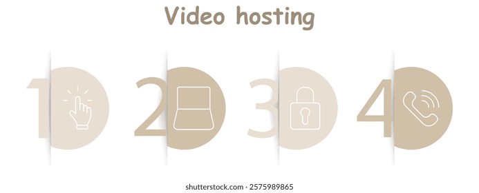 Video hosting set icon. Click hand, laptop, padlock, phone call, interaction, security, communication, digital content