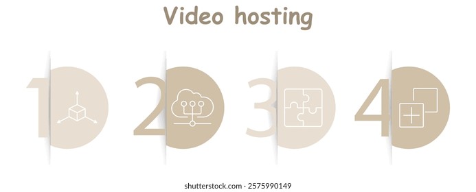 Video hosting set icon. Cube with axes, cloud network, puzzle pieces, overlapping squares, platforms, collaboration, connectivity, creation