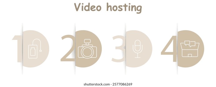 Video hosting set icon. External hard drive, camera, microphone, chat box, recording, media tools, discussion, storage.