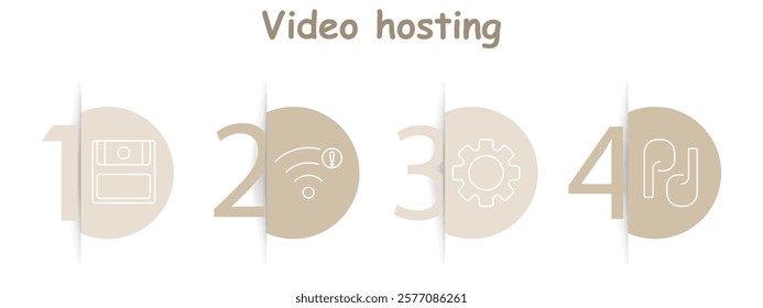 Video hosting set icon. Floppy disk, Wi-Fi signal with alert, gear, intertwined lines, file sharing, settings, online streaming, tools.