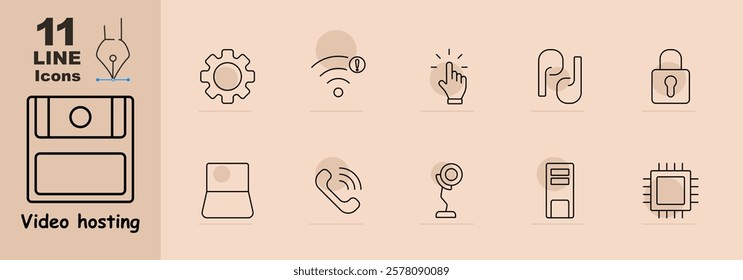 Video hosting set icon. Gear, Wi-Fi signal, touch, link, webcam, and storage device. Represents online video conferencing and connectivity tools.