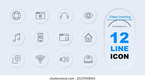 Video-Hosting-Set-Symbol. Globe, Browser, Kopfhörer, Auge, Musik Note, Smartphone, Suche, Haus, Video-Dateien, Wi-Fi, Lautsprecher, Laptop. Medien, Streaming, Technologie, Audio, digitales Video-Hosting