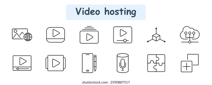 Video hosting set icon. Image sharing, video streaming, video player, 3D modeling, cloud service, playback, mobile app, playlist, digital note, voice assistant, puzzle, interface.