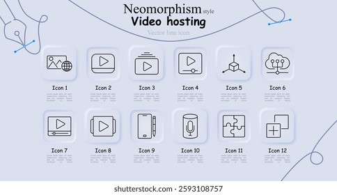 Video hosting set icon. Image sharing, video streaming, video player, 3D modeling, cloud service, playback, mobile app, playlist, digital note, voice assistant, puzzle, interface.