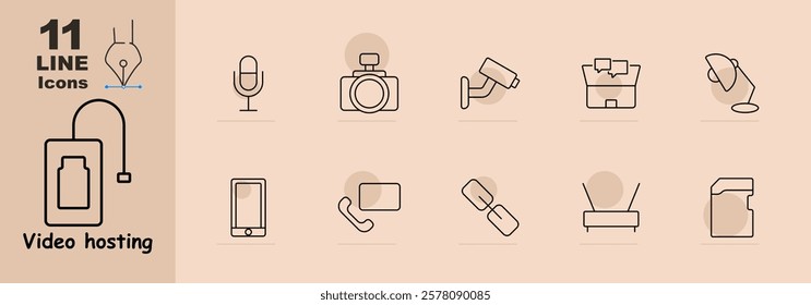 Video hosting set icon. Microphone, DSLR camera, CCTV, video cassette, and phone. Highlights equipment for media production and recording.