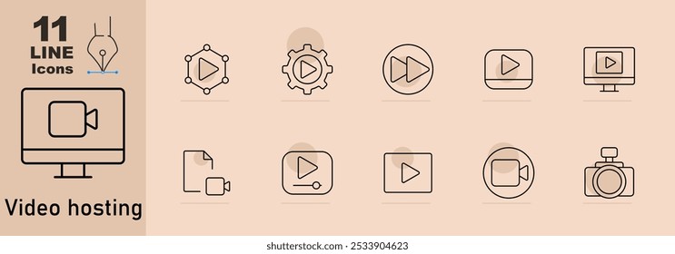Ícone do conjunto de hospedagem de vídeo. Monitor com câmera, rede com botão para tocar, engrenagem com botão para tocar, ícone de avanço rápido, janela do navegador com tocar, documento com câmera, celular com vídeo, câmera de filme