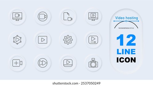 Ícone do conjunto de hospedagem de vídeo. Monitor, câmera, documento, reprodução, configurações, linha do tempo, câmera com adição, avanço rápido. Criação de conteúdo de vídeo, edição, reprodução, ferramentas de mídia.