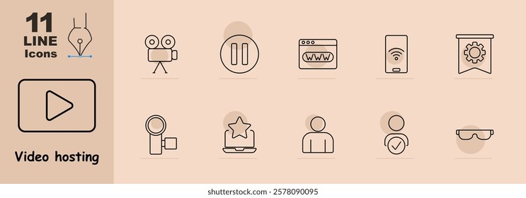 Video hosting set icon. Movie camera, play button, browser, internet settings, user profile, star rating, and AR glasses. Represents online video platforms and features.