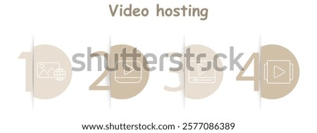 Video hosting set icon. Photo, video, platform, playback, media, upload, online, hosting, streaming, content, gallery.