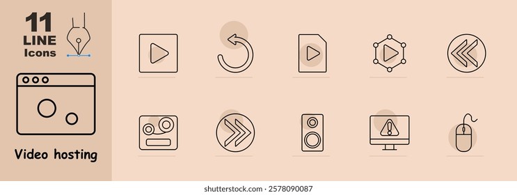 Video hosting set icon. Video player, file, rewind, speaker, playback warning, and mouse. Highlights media sharing and streaming services.