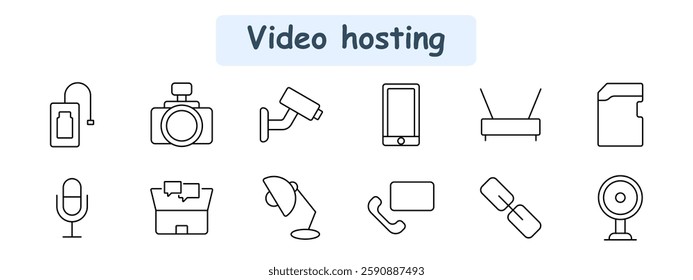 Video hosting set icon. Storage, camera, surveillance, mobile, router, memory card, microphone, comment box, desk lamp, call, connection, webcam.