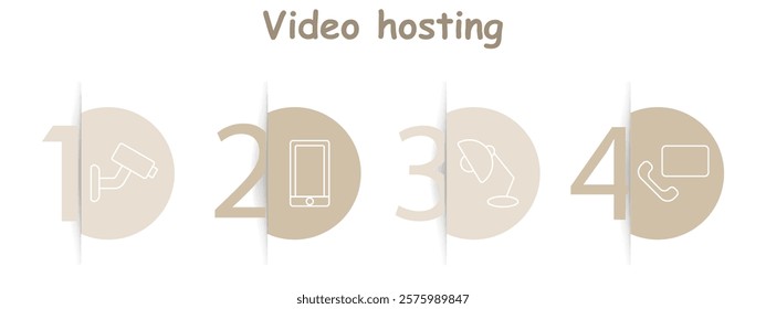 Video hosting set icon. Surveillance camera, smartphone, desk lamp, phone with monitor, devices, content creation, tools, security