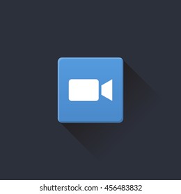 video icon or button in flat style with long shadow, isolated vector illustration on blue transparent background