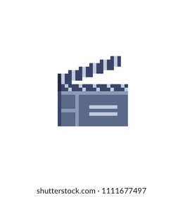 Video icon cinema sign. Clapperboard pixel art flat icon. Gallery of films. Movie  logo. Design for websites and mobile apps. 8-bit. Isolated vector illustration.  