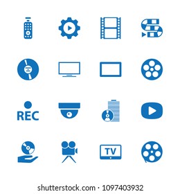 Video icon. collection of 16 video filled icons such as tv, security camera, movie tape, dice game, rec, cd, burst, remote control. editable video icons for web and mobile.