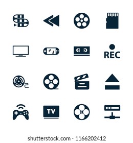 Video icon. collection of 16 video filled icons such as movie clapper, movie tape, rec, dice game, camera tape, film tape, tv. editable video icons for web and mobile.