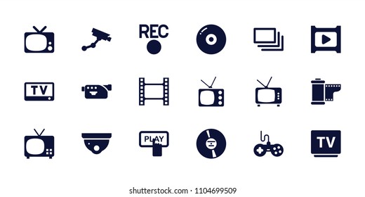 Video icon. collection of 18 video filled icons such as joystick, finger pressing play button, security camera, security camera, disc. editable video icons for web and mobile.