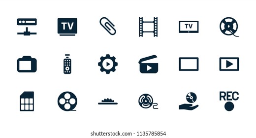 Video icon. collection of 18 video filled icons such as movie tape, tv, film tape, cd on hand, camera display, camera wheel, burst. editable video icons for web and mobile.