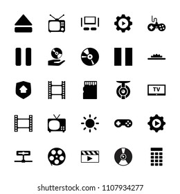 Video icon. collection of 25 video filled icons such as joystick, movie tape, tv, tv, cd, pause, eject button, play in gear, camera. editable video icons for web and mobile.