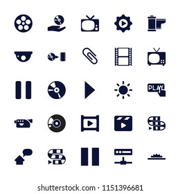 Video icon. collection of 25 video filled icons such as dice game, tv, movie clapper, movie tape, camera, cd, pause, play in gear. editable video icons for web and mobile.
