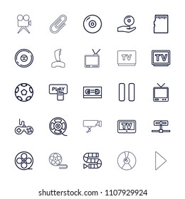 Video icon. collection of 25 video outline icons such as tv, joystick, finger pressing play button, disc, movie tape, dice game. editable video icons for web and mobile.