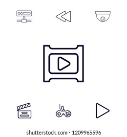 Video icon. collection of 7 video outline icons such as joystick, movie clapper, play, play back, security camera. editable video icons for web and mobile.