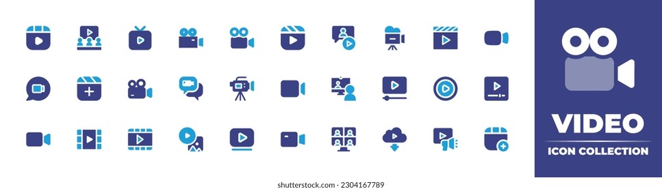 Colección de iconos de vídeo. Color de duotona. Ilustración vectorial. Con reproductor de vídeo, aprendizaje, televisión, videocámara, cámara, tablero de anuncios, mensaje de vídeo, cámara, vídeo, videografía.