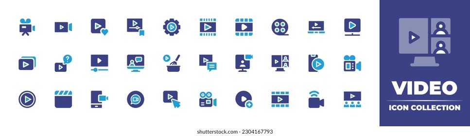 Video icon collection. Duotone color. Vector illustration. Containing camera, camera, favorite, video, settings, cinema reel, watch, playlist, quiz, video player, video call, cooking.