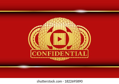 video icon and Confidential text Gold and Red color emblem. Traditional handsome background. Vector illustration. 