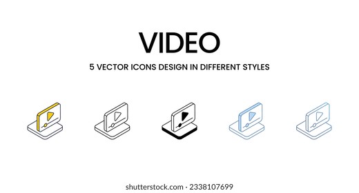 Video Icon Design in Five style with Editable Stroke. Line, Solid, Flat Line, Duo Tone Color, and Color Gradient Line. Suitable for Web Page, Mobile App, UI, UX and GUI design.