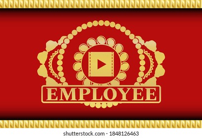 video icon and Employee text Red and Gold badge. Traditional fancy background. Vector illustration. 