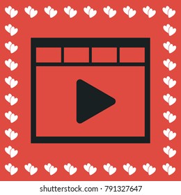 Video icon flat. Simple black pictogram on red background with white hearts for valentines day. Vector illustration symbol