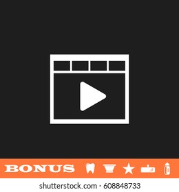 Video icon flat. White pictogram on black background. Vector illustration symbol and bonus button tooth, vase, star, mirror, bottle