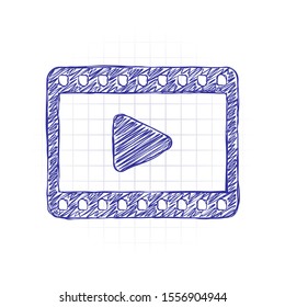 video icon. Hand drawn sketched picture with scribble fill. Blue ink. Doodle on white background