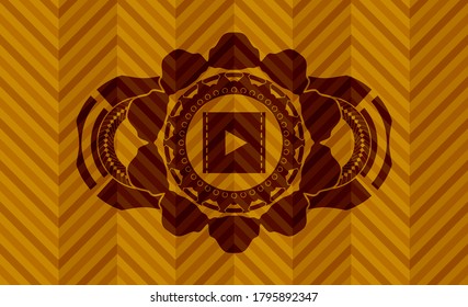 Videosymbol in orangefarbenem, realistischem Abzeichen. Geometrischer, zarter Hintergrund. Illustration. 