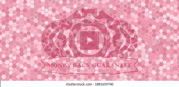 video icon and money back guarantee text pink color tiles mosaic realistic badge. Geometric hexagon delicate background. Vector illustration. 