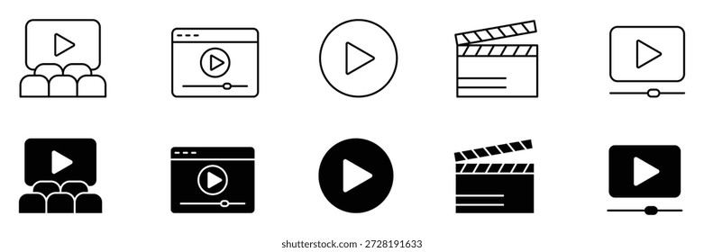 Ícone Vídeo. Linha de filme e ícone sólido. Cinema e símbolo de filme. Botão de reprodução de vídeo e ícone de vídeo clapperboard para produção de cinema.