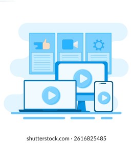  Video icon on TV screen, computer, laptop, smartphone. Online concept from various devices.