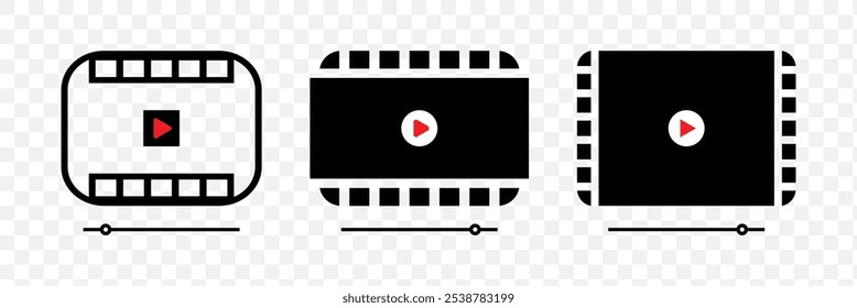 Video icon. Video player icon set. Containing play or start button, pause or stop, media, camera, live, cinema, multimedia, film, clapperboard, movie, streaming or online video. Eps 10.