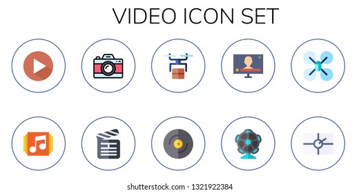 video icon set. 10 flat video icons.  Simple modern icons about  - play, music player, camera, clapperboard, drone, cd, television, ar camera, cinema