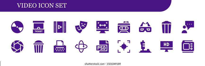 video icon set. 18 filled video icons.  Simple modern icons about  - Compact disc, Ticket office, Video, Theater, Size, Recorder, 3d glasses, Popcorn, Blogger, Shutter, Copywriter