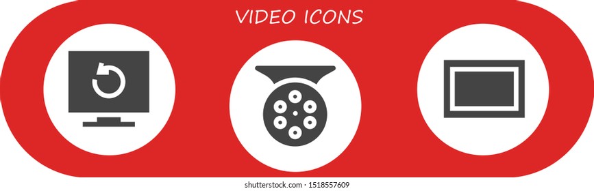 video icon set. 3 filled video icons.  Collection Of - Television, Reel, Screen icons